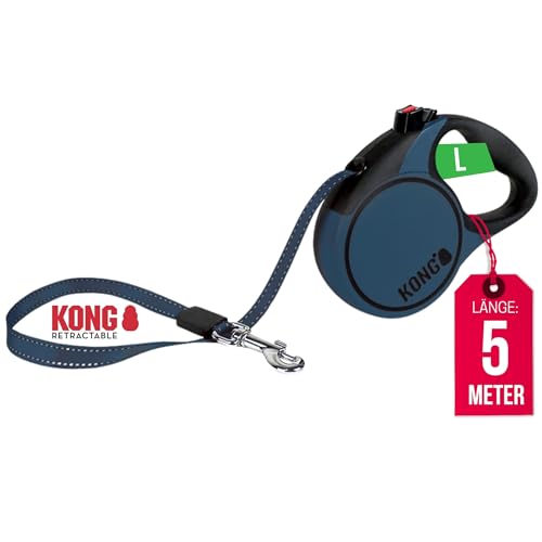 KONG ausrollbare Hundeleine in 5m Länge I Für große Hunde bis 50kg I Größe L I Hochwertige Rollleine mit Break & Lock System in blau I komfortable Leine mit Softgriff & reflektierendem Gurt von KONG