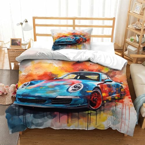 Porsche Bettwäsche Bettbezug Für 3D Microfaser Bettwäsche Set Kinder Erwachsene,Mit Reißverschluss Und Kissenbezug Single（135x200cm） von KONGNY