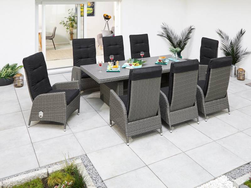 KONIFERA Garten-Essgruppe Brisbane, (Set, 17-tlg., inkl. Auflagen, 8x Sessel, 1x Tisch 225x100x75, Aluminium/Polyrattan), Rückenlehnen verstellbar, Tischplatte aus Stone-Spray-Glas von KONIFERA