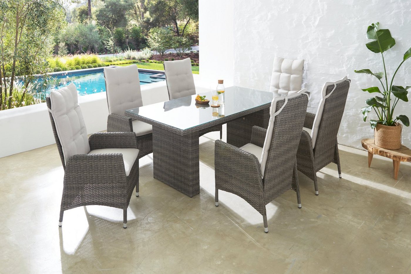 KONIFERA Garten-Essgruppe Casablanca, (Set, 7-tlg., 6x Sessel, 1x Tisch 180x90x74 cm, Stahl/Polyrattan), inkl. Auflagen von KONIFERA