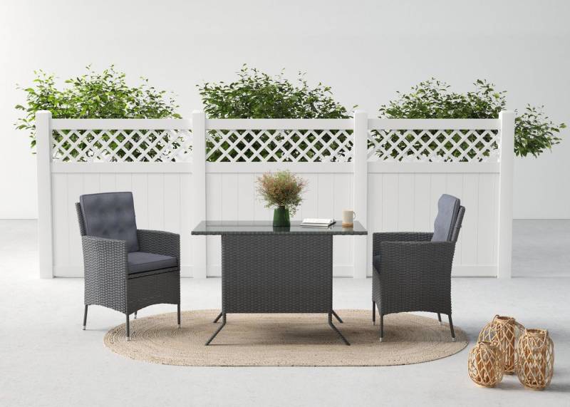 KONIFERA Garten-Essgruppe Korfu, (Set, 5-tlg., 2x Sessel, 1x Tisch 112x65x73,5 cm, inkl. Auflagen, inkl. Schutzhülle), Polyrattan/Stahl, Dunkelgrau von KONIFERA