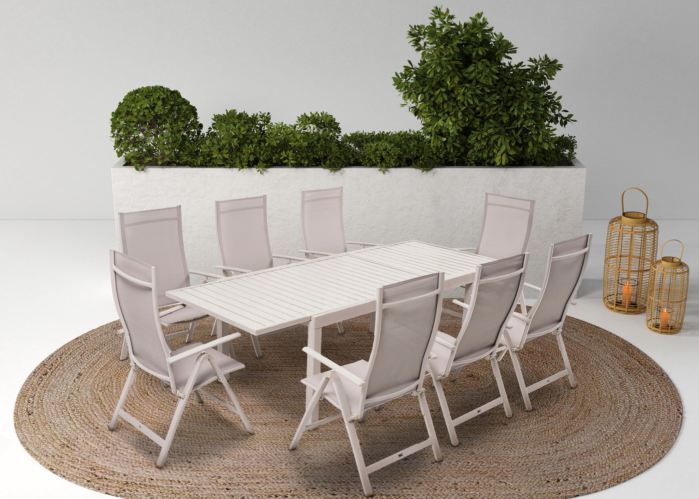 KONIFERA Garten-Essgruppe Palermo, (Set, 9-tlg., 8x Sessel, 1x AZ-Tisch 160-240x100 cm, Aluminium, Textilgewebe), klappbar, 7-fach verstellbare Rückenlehne, Tischplatte aus Alulatten von KONIFERA