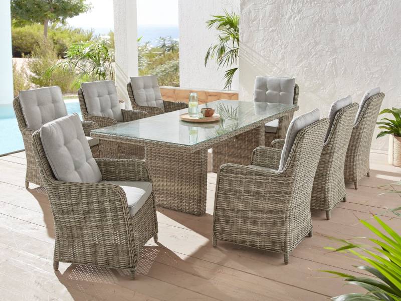 KONIFERA Garten-Essgruppe Venedig, (Set, 25-tlg., 8x Sessel, 1x Tisch 230,8x100,5x76 cm, inkl. Auflagen), Polyrattan, Aluminium, Tischplatte aus 5mm starkem Sicherheitsglas von KONIFERA