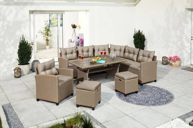 KONIFERA Gartenlounge-Set Keros Premium, (Set, 20-tlg., 2x 2er Sofa, 1x Ecke, 1x Sessel, 2x Hocker, 1x Tisch 145x75x67,5cm), Ecklounge, Polyrattan, Stahl, geeignet für 8 Personen, inkl. Auflagen von KONIFERA