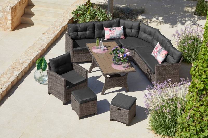 KONIFERA Gartenlounge-Set Keros Premium, (Set, 20-tlg., 2x 2er Sofa, 1x Ecke, 1x Sessel, 2x Hocker, 1x Tisch 145x75x67,5cm), Ecklounge, Polyrattan, Stahl, geeignet für 8 Personen, inkl. Auflagen von KONIFERA