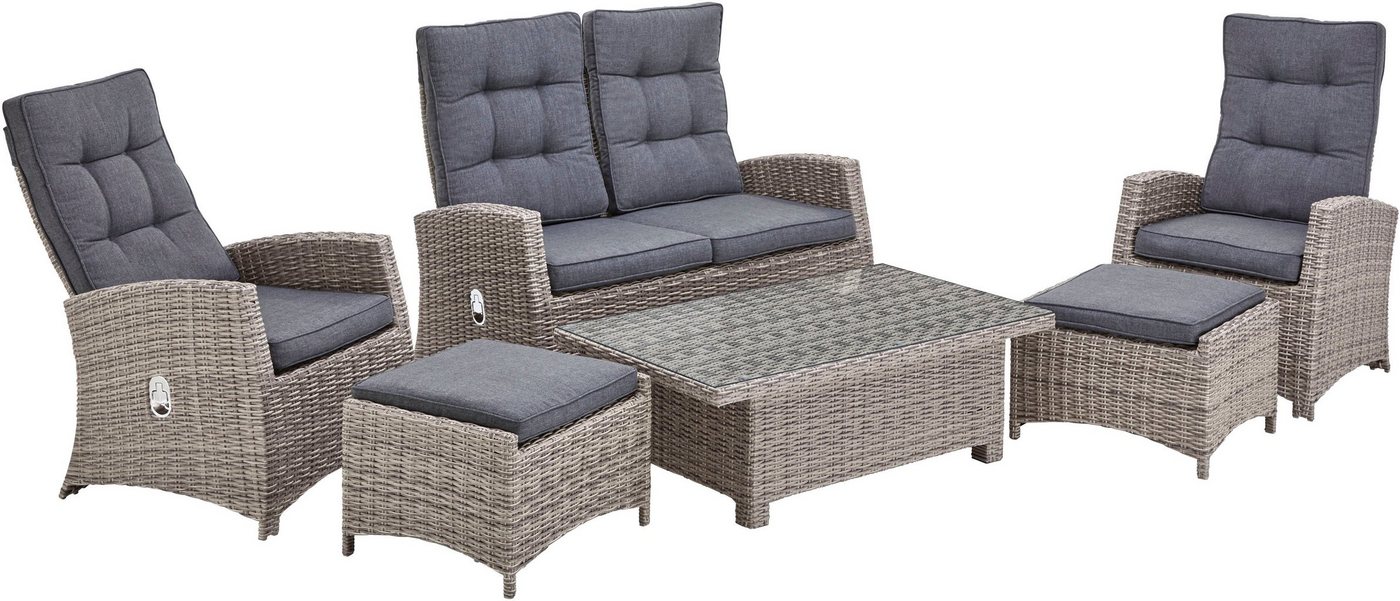 KONIFERA Gartenlounge-Set Monaco, (Set, 16-tlg., 2x Sessel, 1x2er Sofa, 2x Hocker, 1x Tisch 120x70x43,5-66,5 cm), höhenverstellbarer Tisch, inkl. Auflagen, Grau, Aluminium, Polyrattan von KONIFERA