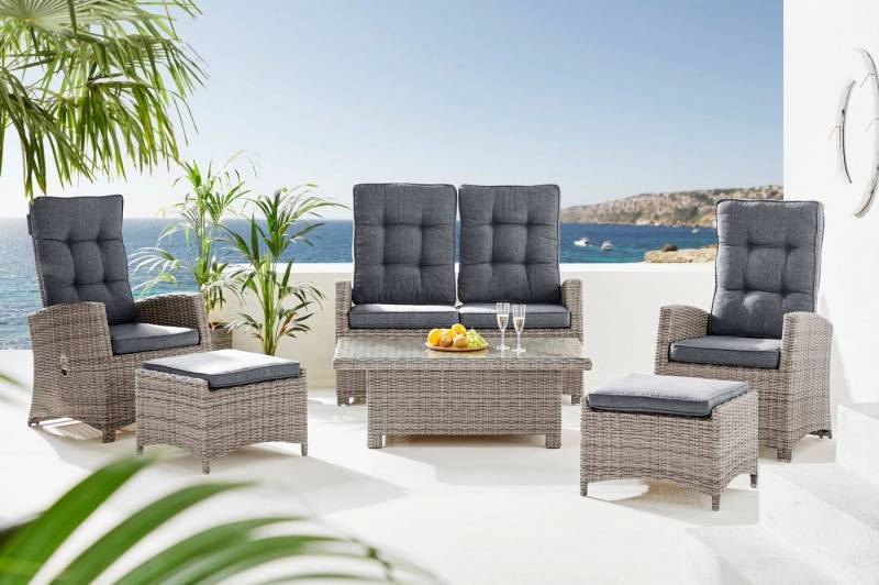 KONIFERA Gartenlounge-Set Monaco, (Set, 16-tlg., 2x Sessel, 1x2er Sofa, 2x Hocker, 1x Tisch 120x70x43,5-66,5 cm), höhenverstellbarer Tisch, inkl. Auflagen, Grau, Aluminium, Polyrattan von KONIFERA