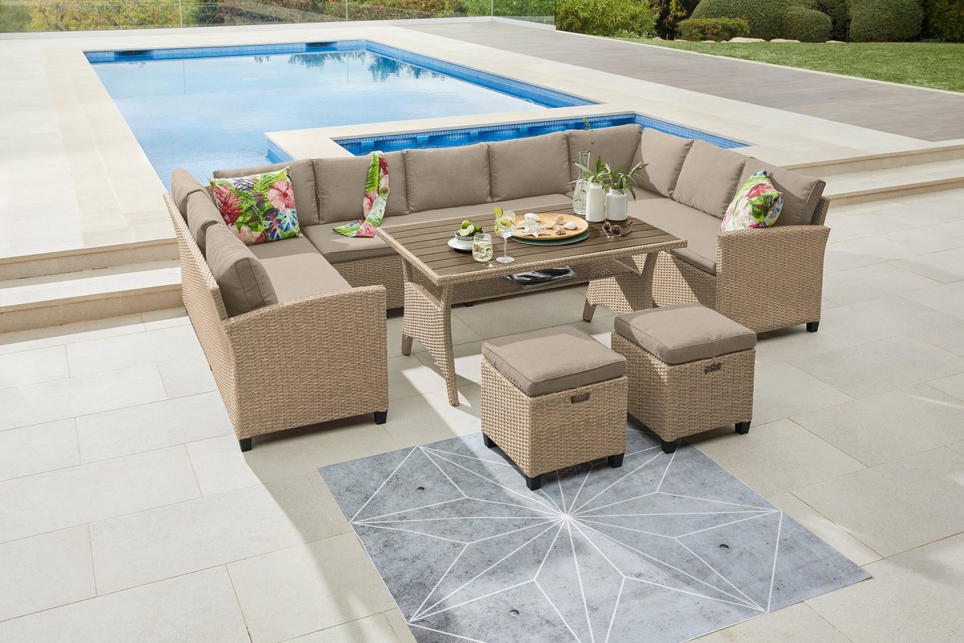 KONIFERA Gartenlounge-Set Rotterdam, (Set, 20-tlg., 3x 3er Sofa, 2x Hocker, 1x Tisch 120x82x67cm, inkl. Auflagen), Polyrattan, Stahl, Tischplatte aus Nonwood, Unser Dauertiefpreis von KONIFERA