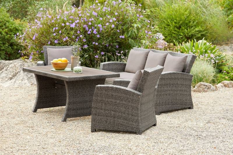 KONIFERA Gartenlounge-Set Siros, (Set, 12-tlg., 1x 3er Sofa, 2x Sessel, 1x Tisch 135x82x65cm, inkl. Auflagen), Polyrattan, Stahl, Tischplatte aus Nonwood, geeignet für 5 Personen von KONIFERA