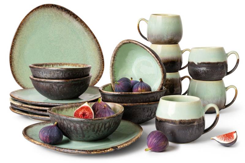 KONSIMO® Frühstücks-Geschirrset PRIMA 6x Teller, 6x Schüssel, 6x Tasse 400 ml, Premiumqualität aus EU (18-tlg), 6 Personen, Keramik, jedes Element ist ein Unikat, backofenfest, spülmaschinengeeignet von KONSIMO®