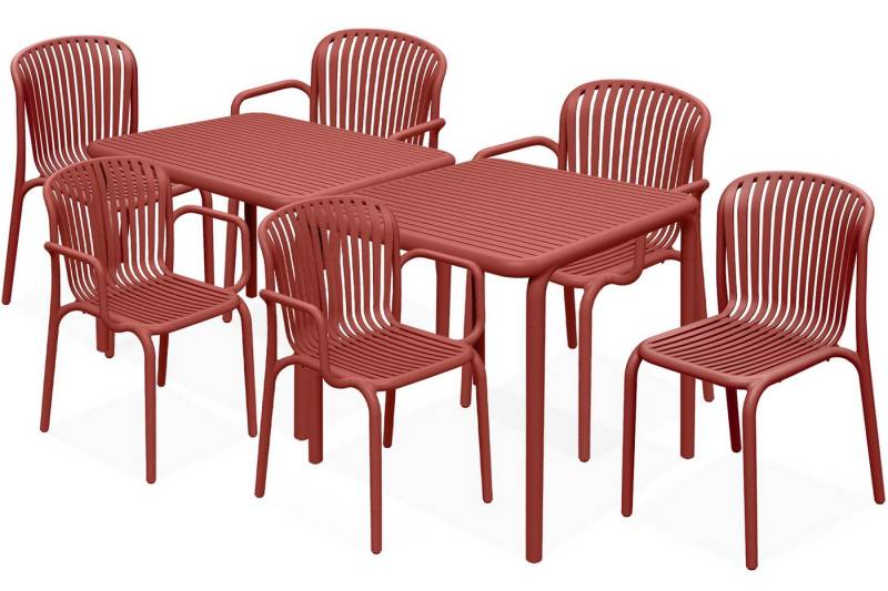 KONSIMO® Garten-Essgruppe FICCARI Sitzgruppe, Gartenmöbel-Set, hergestellt in der EU, Modern, (aus hochwertigem Kunststoff, 8-tlg., 4 Stühle mit Armlehnen, 2 Stühle ohne Armlehnen, 2 Tische), Gartengarnitur, Stapelbar, witterungsbeständiges Material von KONSIMO®