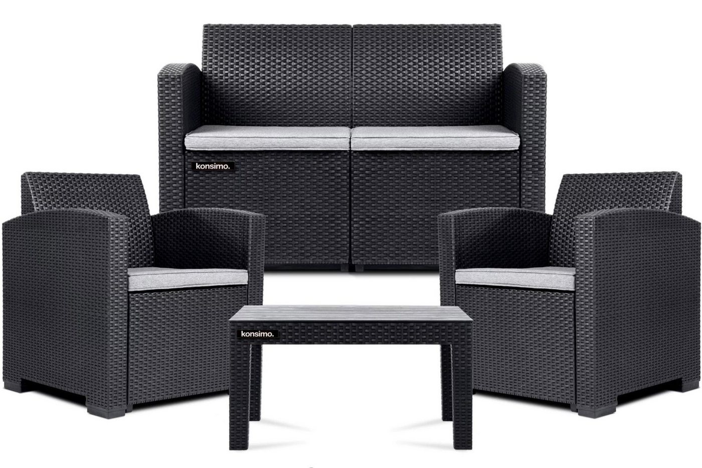 KONSIMO® Gartenlounge-Set HORILES Gartenmöbel-Set, Gartenlounge-Set, (2x Gartensessel, Maße: 67.6x76x61.5 cm, 1x Tisch, 1x Gartensofa, 4-tlg), Polyrattan, mit Auflage von KONSIMO®
