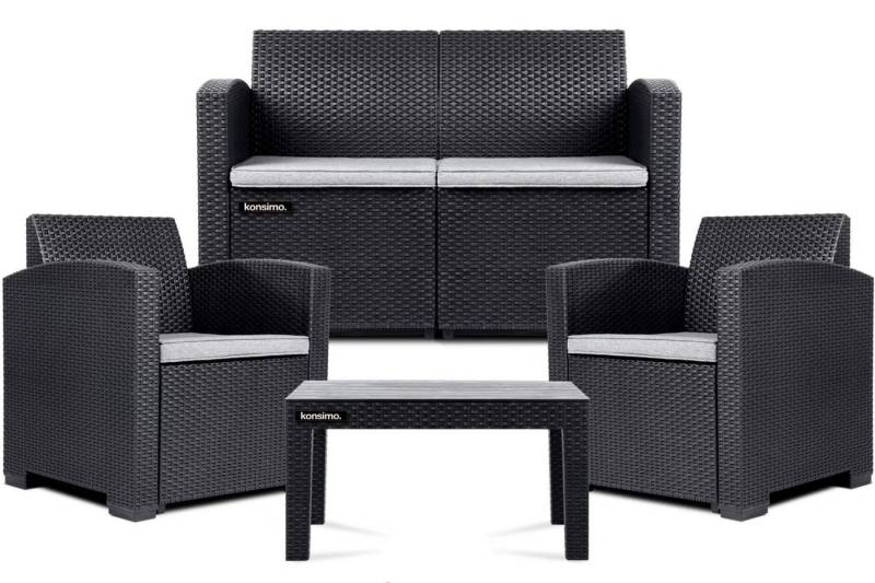 KONSIMO® Gartenlounge-Set HORILES Gartenmöbel-Set, Gartenlounge-Set, (2x Gartensessel, Maße: 67.6x76x61.5 cm, 1x Tisch, 1x Gartensofa, 4-tlg), Polyrattan, mit Auflage von KONSIMO®