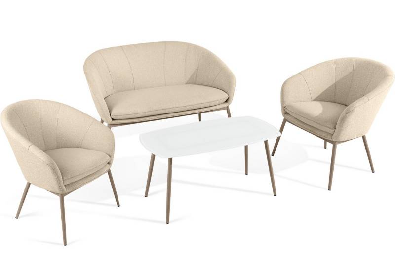 KONSIMO® Gartenlounge-Set SOLIS Gartenmöbelset, Garten-Essgruppe, hergestellt in der EU, (1x Tisch, 2x Sessel, 1x Sofa 2-Sitzer, 4-tlg), Stahlrahmen, wasserabweisender Stoff, Modern, beige Gestell von KONSIMO®