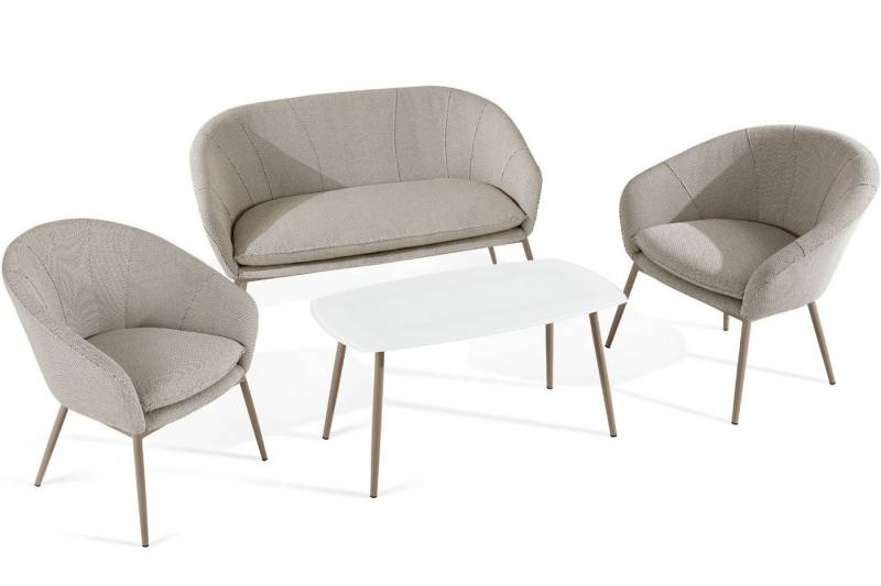 KONSIMO® Gartenlounge-Set SOLIS Gartenmöbelset, Garten-Essgruppe, hergestellt in der EU, (1x Tisch, 2x Sessel, 1x Sofa 2-Sitzer, 4-tlg), Stahlrahmen, wasserabweisender Stoff, Modern, beige Gestell von KONSIMO®