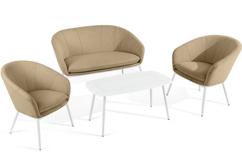 KONSIMO® Gartenlounge-Set SOLIS Gartenmöbelset, Garten-Essgruppe, hergestellt in der EU, (1x Tisch, 2x Sessel, 1x Sofa 2-Sitzer, 4-tlg), Stahlrahmen, wasserabweisender Stoff, Modern von KONSIMO®