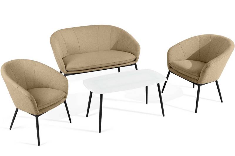 KONSIMO® Gartenlounge-Set SOLIS Gartenmöbelset, Garten-Essgruppe, hergestellt in der EU, (1x Tisch, 2x Sessel, 1x Sofa 2-Sitzer, 4-tlg), Stahlrahmen, wasserabweisender Stoff, Modern von KONSIMO®