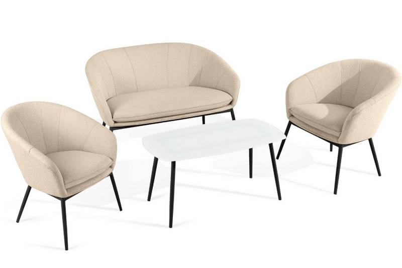KONSIMO® Gartenlounge-Set SOLIS Gartenmöbelset, Garten-Essgruppe, hergestellt in der EU, (1x Tisch, 2x Sessel, 1x Sofa 2-Sitzer, 4-tlg), Stahlrahmen, wasserabweisender Stoff, Modern von KONSIMO®