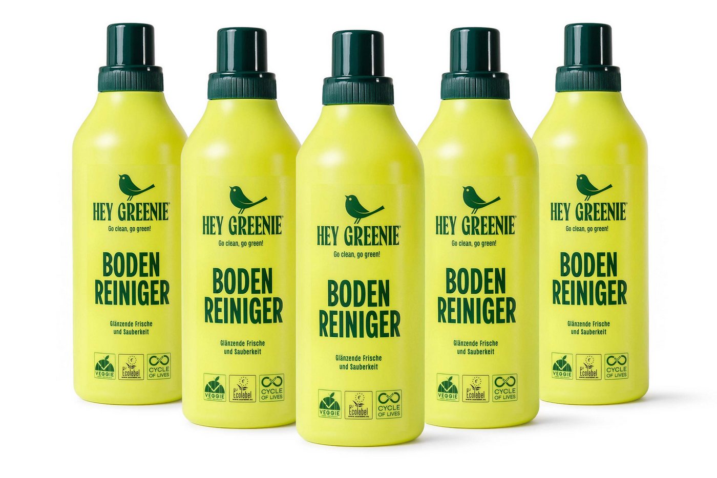 KONSIMO® HEY GREENIE BIO Bodenreiniger-Set - Konzentrat, Made in Germany Fussbodenreiniger (ökologische, vegane Formel, inspiriert vom Duft luxuriöser Parfums, [5-St. effektive Reinigung, glänzende Oberflächen ohne Polieren) von KONSIMO®