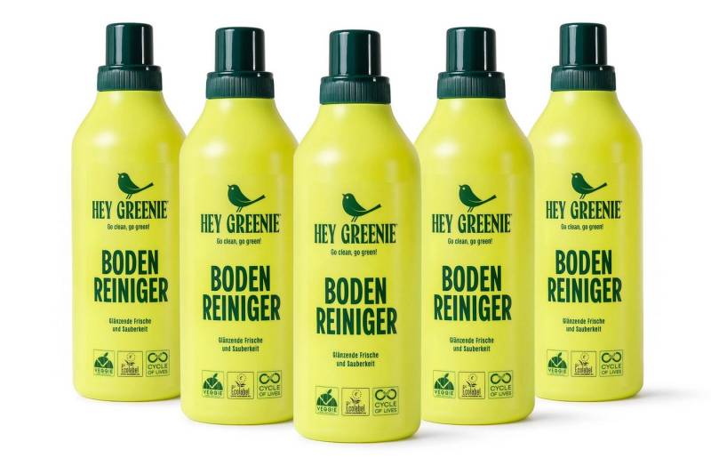 KONSIMO® HEY GREENIE BIO Bodenreiniger-Set - Konzentrat, Made in Germany Fussbodenreiniger (ökologische, vegane Formel, inspiriert vom Duft luxuriöser Parfums, [5-St. effektive Reinigung, glänzende Oberflächen ohne Polieren) von KONSIMO®