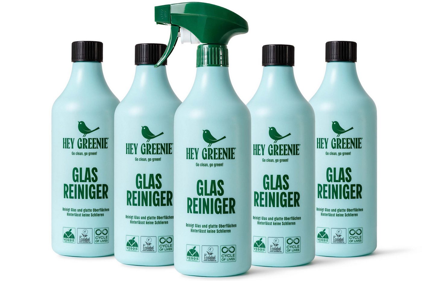 KONSIMO® HEY GREENIE BIO Glasreiniger-Set, vegane Formel, Made in Germany Glasreiniger (ökologische, vegane Formel, inspiriert vom Duft luxuriöser Parfums, ECO, kompromissloses BIO-Produkt, [5-St) von KONSIMO®