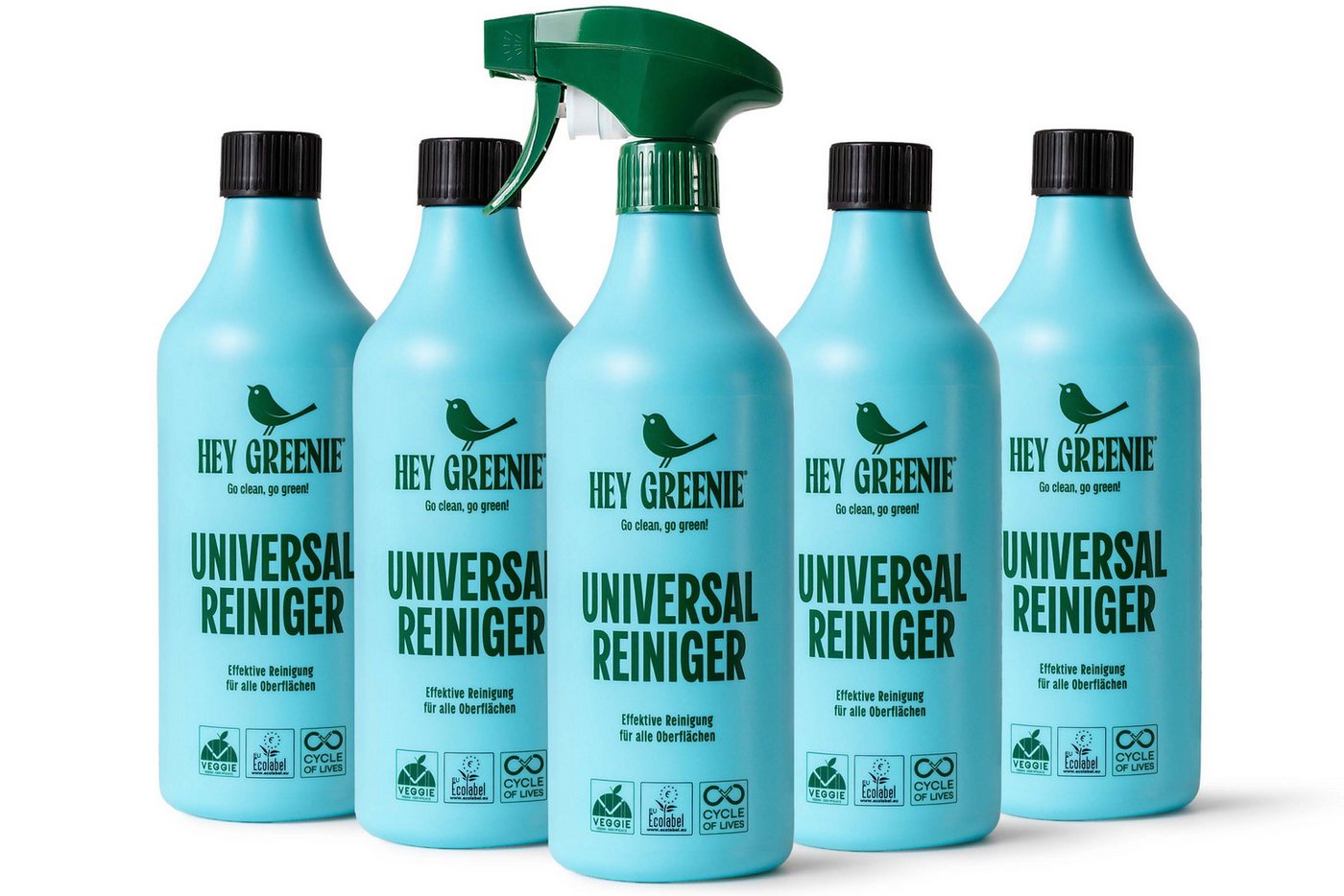 KONSIMO® HEY GREENIE BIO Universalreiniger-Set, Made in Germany, Allzweckreiniger (ökologische, vegane Formel, inspiriert vom Duft luxuriöser Parfums, ECO, kompromissloses BIO-Produkt, [5-St. 5x Universalreiniger 800 ml Universelle Anwendung) von KONSIMO®