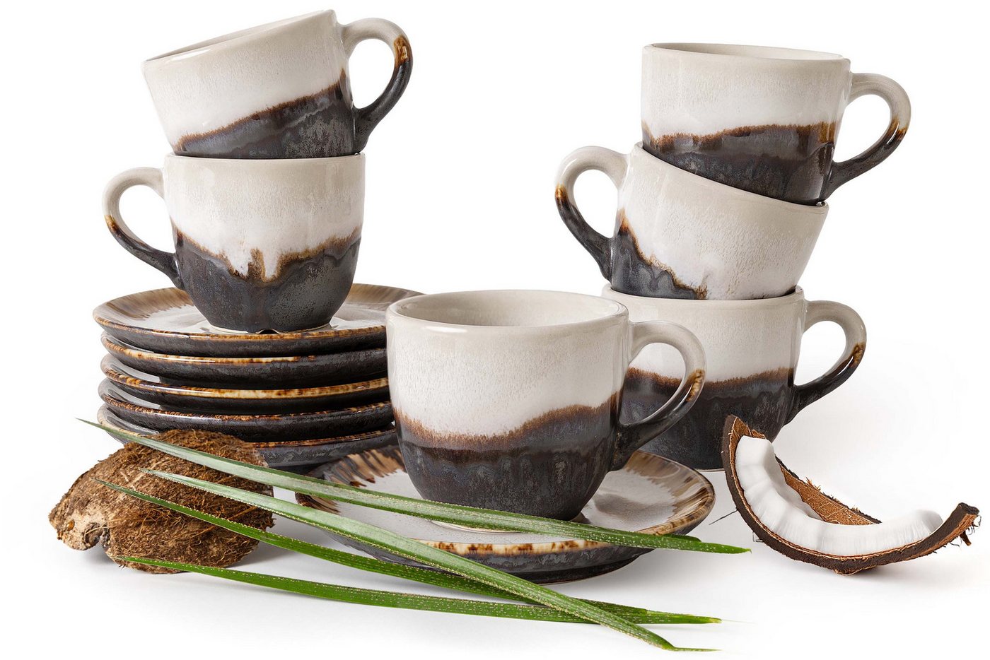 KONSIMO® Kaffeeservice PRIMA Kaffeetassen-Set 180 ml, handgefertigt, Premiumqualität aus EU (12-tlg), 6 Personen, Keramik, luxuriöse Qualitätskeramik, organische Form, beige/braun von KONSIMO®