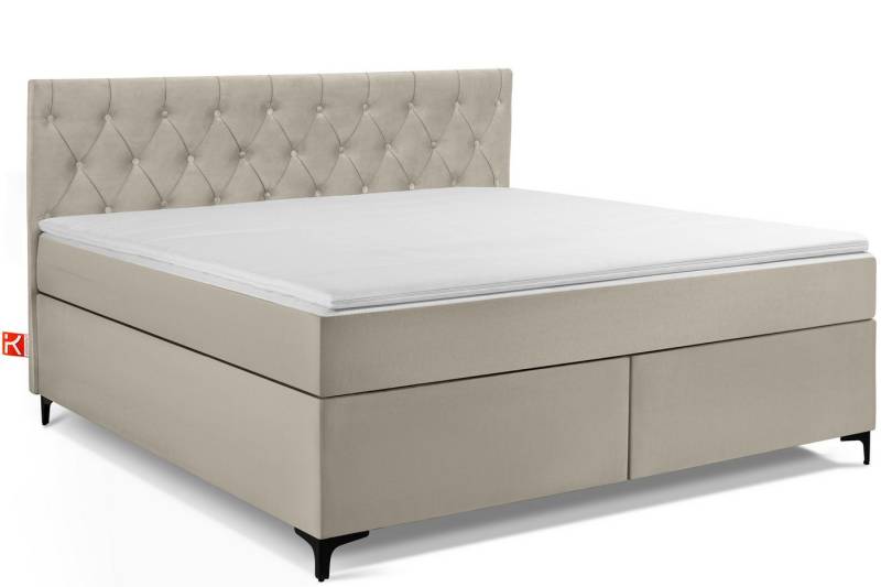 KONSIMO® Boxspringbett ARDEA Polsterbett, Ultimativen Komfort, hergestellt in der EU (handgefertigt, Elegant, Lieghöhe 63 cm, elegante Kopfteil mit dekorativer Steppung), inkl. Matratze und Komfortschaum Topper, mit Massivholzrahmen von KONSIMO®