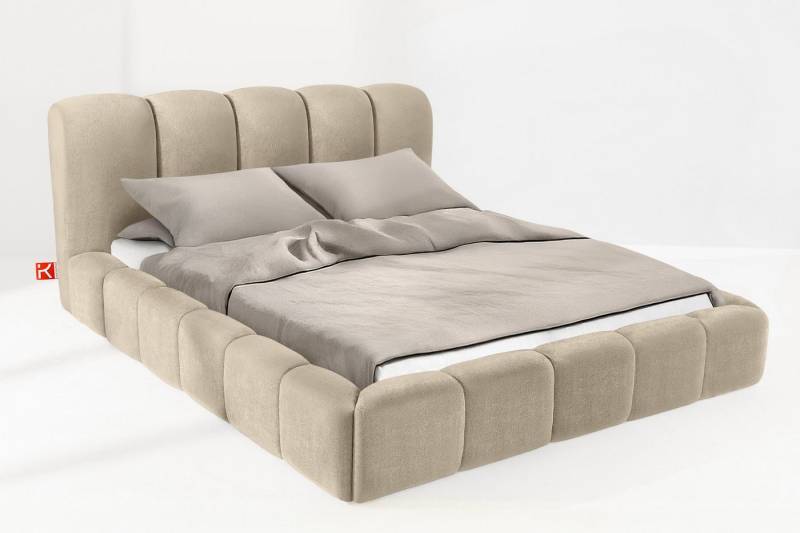 KONSIMO® Polsterbett Doppelbett MERIDE mit Stauraum, ohne Matratze, hergestellt in der EU (160/180/200 cm x 200 cm), Massivholzrahmen, Chenillegewebe, gepolstertes Kopfteil, Japandi von KONSIMO®