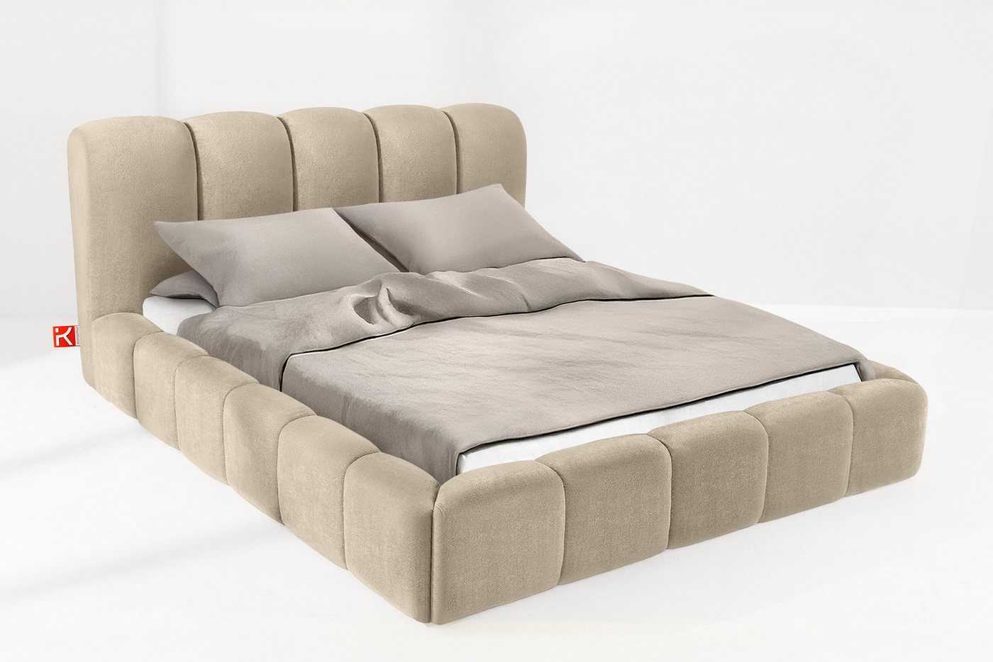 KONSIMO® Polsterbett Doppelbett MERIDE mit Stauraum, ohne Matratze, hergestellt in der EU (160/180/200 cm x 200 cm), Massivholzrahmen, Chenillegewebe, gepolstertes Kopfteil, Japandi von KONSIMO®