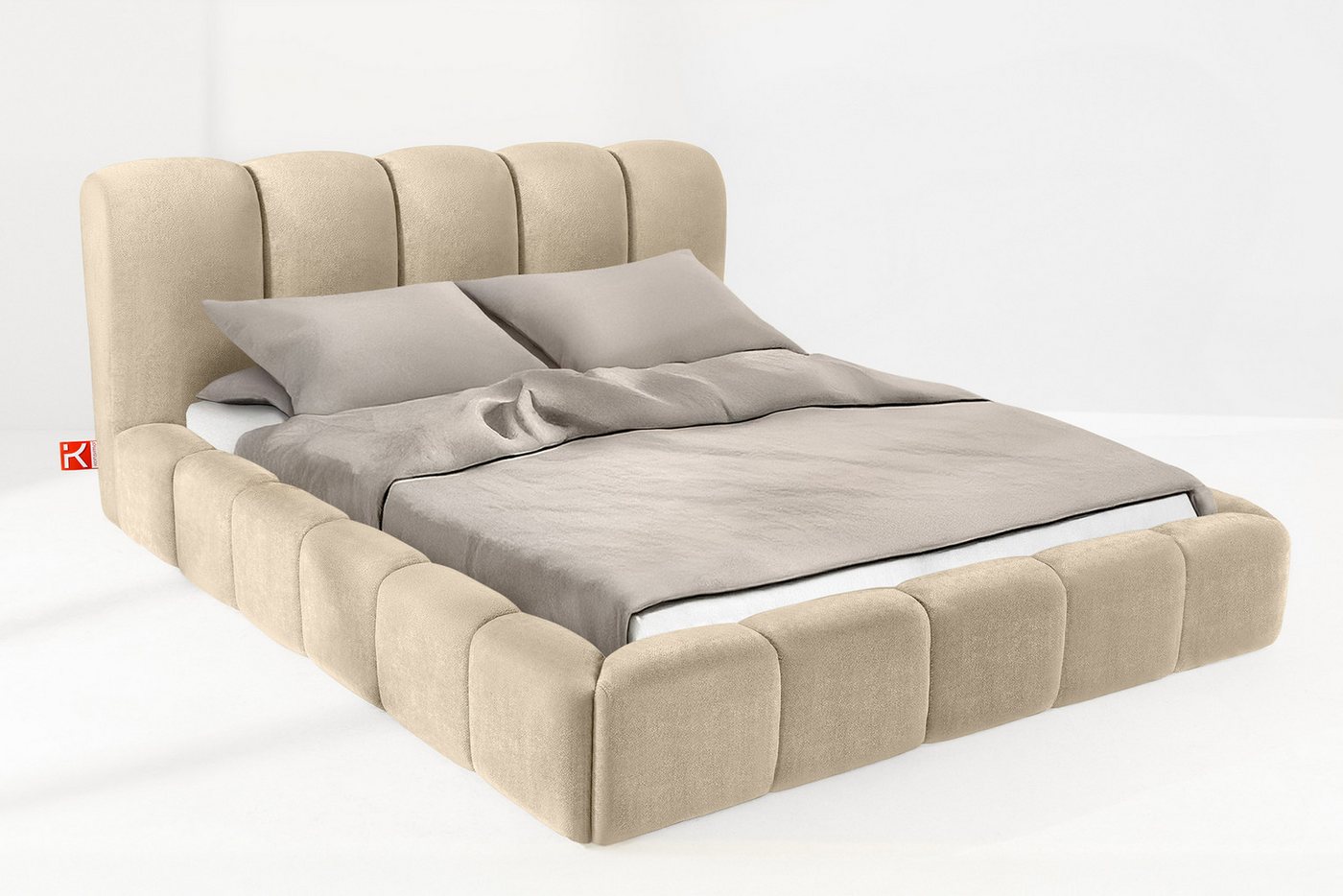 KONSIMO® Polsterbett Doppelbett MERIDE mit Stauraum, ohne Matratze, hergestellt in der EU (160/180/200 cm x 200 cm), Massivholzrahmen, Chenillegewebe, gepolstertes Kopfteil, Japandi von KONSIMO®