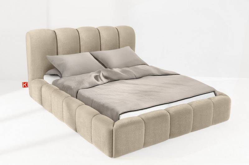 KONSIMO® Polsterbett Doppelbett MERIDE mit Stauraum, ohne Matratze, hergestellt in der EU (160/180/200 cm x 200 cm), Massivholzrahmen, Chenillegewebe, gepolstertes Kopfteil, Japandi von KONSIMO®