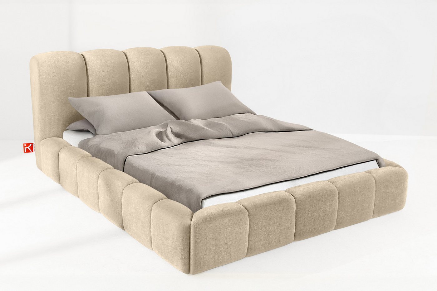 KONSIMO® Polsterbett Doppelbett MERIDE mit Stauraum, ohne Matratze, hergestellt in der EU (160/180/200 cm x 200 cm), Massivholzrahmen, Chenillegewebe, gepolstertes Kopfteil, Japandi von KONSIMO®