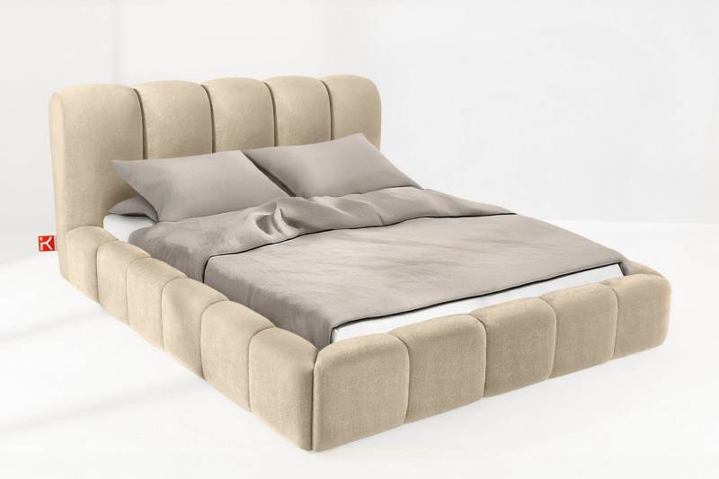 KONSIMO® Polsterbett Doppelbett MERIDE mit Stauraum, ohne Matratze, hergestellt in der EU (160/180/200 cm x 200 cm), Massivholzrahmen, Chenillegewebe, gepolstertes Kopfteil, Japandi von KONSIMO®