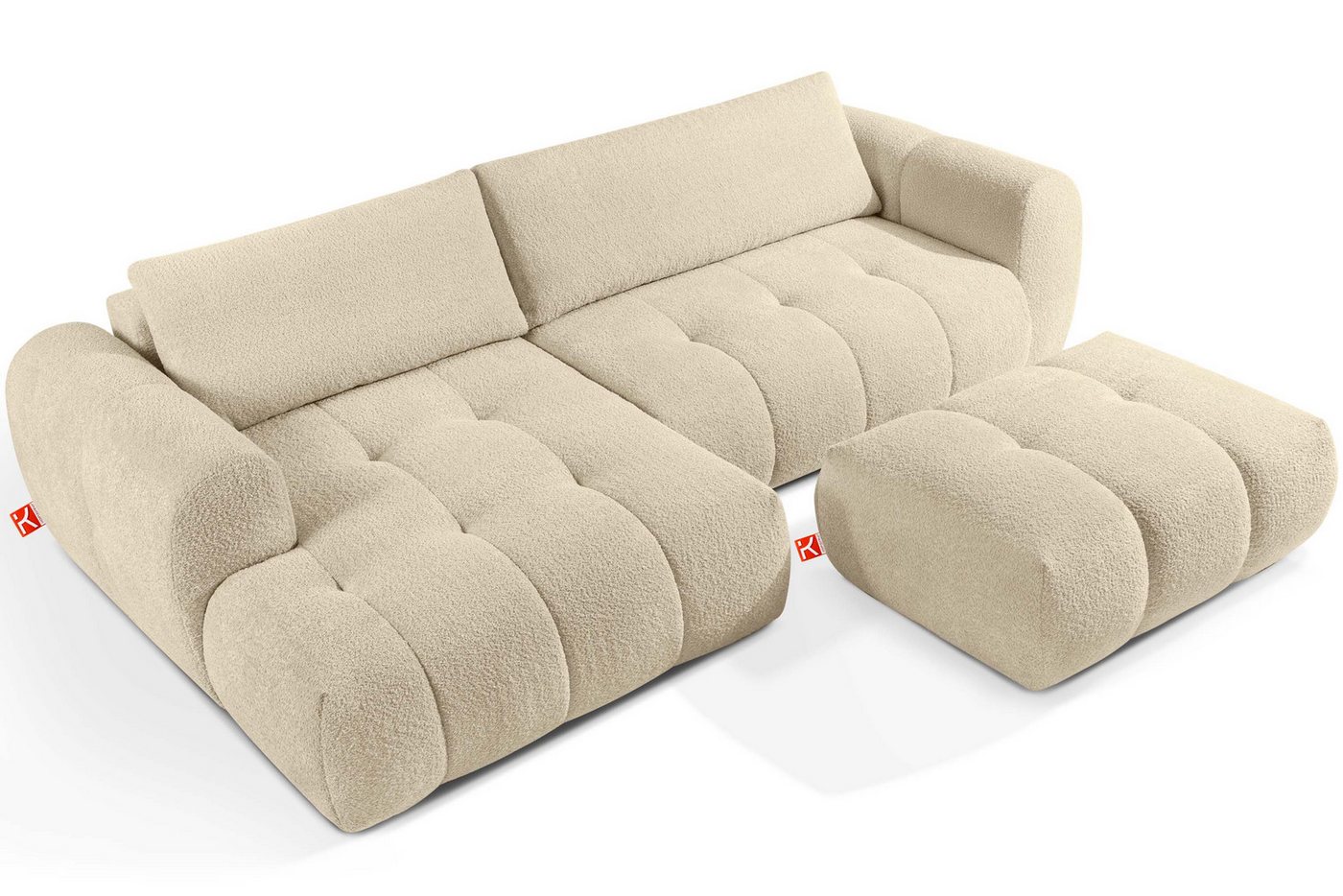 KONSIMO® Polstergarnitur LIRA Ecksofa mit Polsterhocker, Premiumqualität aus EU, (Bouclé-Stoff, 2-tlg., 1x Hocker, 1x Ecksofa links), elastischer Sitz, Bouclé-Stoff, Mega große Liegefläche, Modern von KONSIMO®
