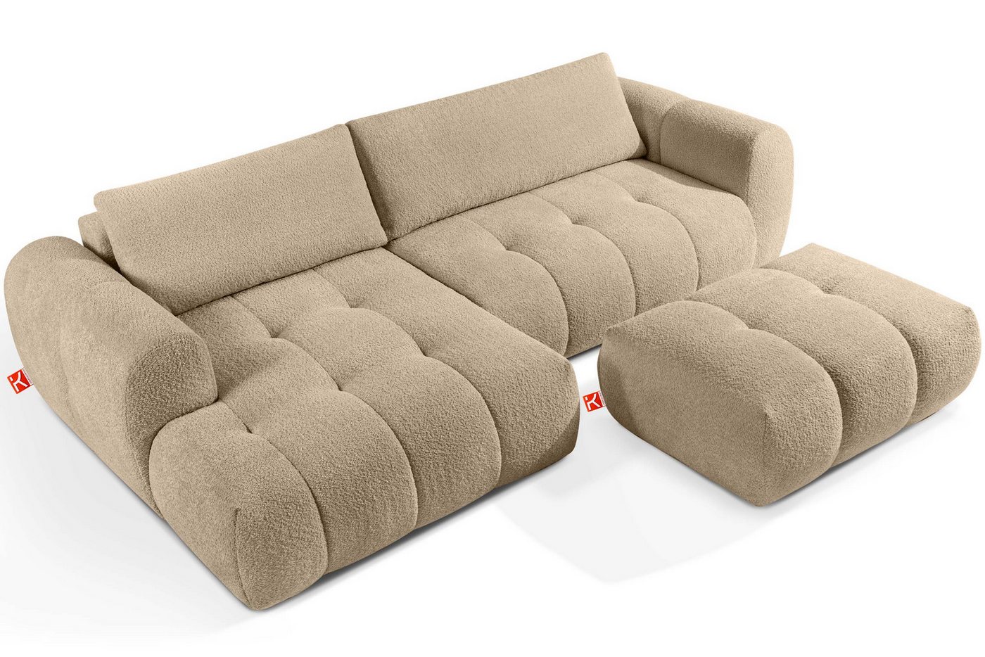 KONSIMO® Polstergarnitur LIRA Ecksofa mit Polsterhocker, Premiumqualität aus EU, (Bouclé-Stoff, 2-tlg., 1x Hocker, 1x Ecksofa links), elastischer Sitz, Bouclé-Stoff, Mega große Liegefläche, Modern von KONSIMO®