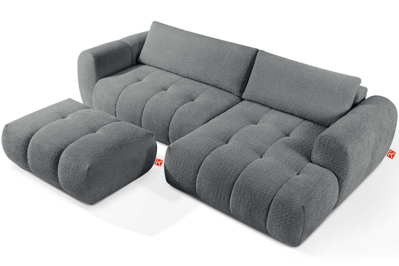 KONSIMO® Polstergarnitur LIRA Ecksofa mit Polsterhocker, Premiumqualität aus EU, (Bouclé-Stoff, 2-tlg., 1x Hocker, 1x Ecksofa rechts), elastischer Sitz, Bouclé-Stoff, Mega große Liegefläche, Modern von KONSIMO®