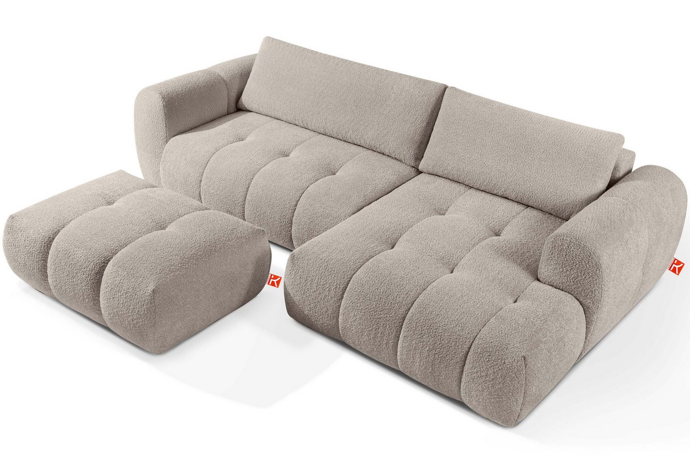 KONSIMO® Polstergarnitur LIRA Ecksofa mit Polsterhocker, Premiumqualität aus EU, (Bouclé-Stoff, 2-tlg., 1x Hocker, 1x Ecksofa rechts), elastischer Sitz, Bouclé-Stoff, Mega große Liegefläche, Modern von KONSIMO®