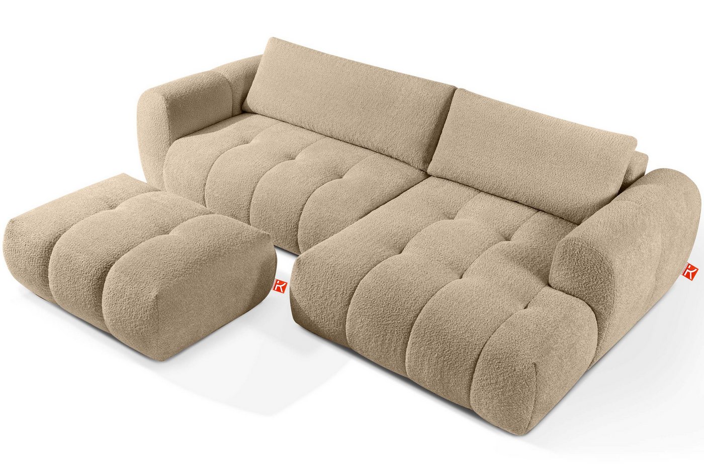 KONSIMO® Polstergarnitur LIRA Ecksofa mit Polsterhocker, Premiumqualität aus EU, (Bouclé-Stoff, 2-tlg., 1x Hocker, 1x Ecksofa rechts), elastischer Sitz, Bouclé-Stoff, Mega große Liegefläche, Modern von KONSIMO®