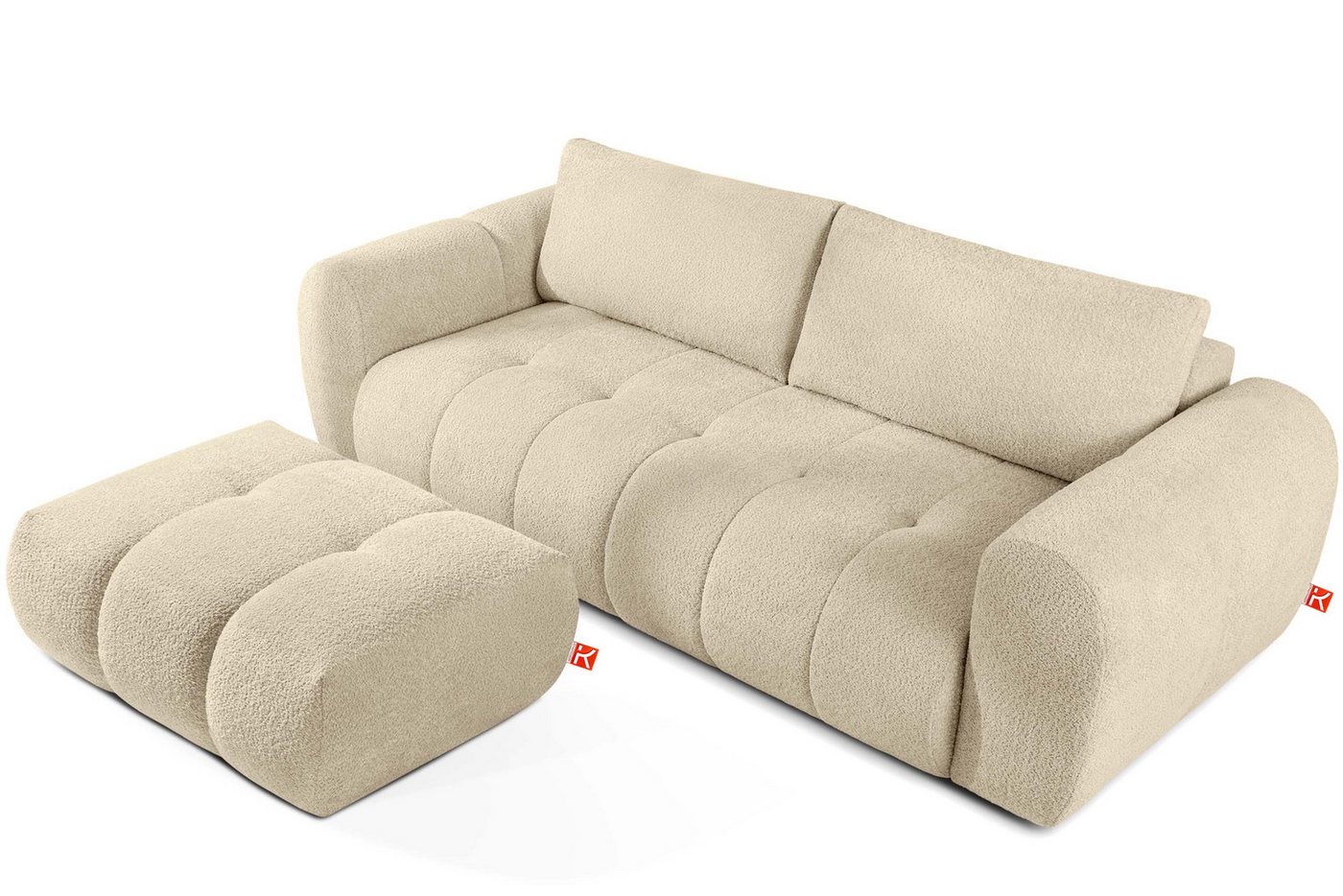 KONSIMO® Polstergarnitur LIRA Sofa 3-Sitzer mit Hocker, Schlafsofa, Premiumqualität aus EU, (2-tlg., Japandi, mit Schlaffunktion, Bettkasten), elastischer Sitz, Bouclé-Stoff, Mega große Liegefläche (193x157 cm) von KONSIMO®