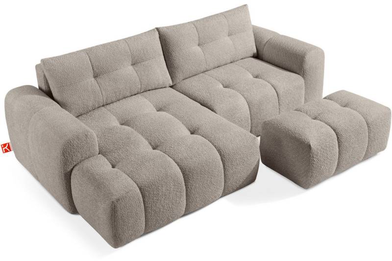 KONSIMO® Polstergarnitur RAVIA Ecksofa mit Polsterhocker, Modern-Stil, Premiumqualität aus EU, (2-tlg., 1x Hocker, 1x Ecksofa links), kompakte Größe, Bouclé-Stoff, ausziehbare Liegefläche (193x150 cm) von KONSIMO®