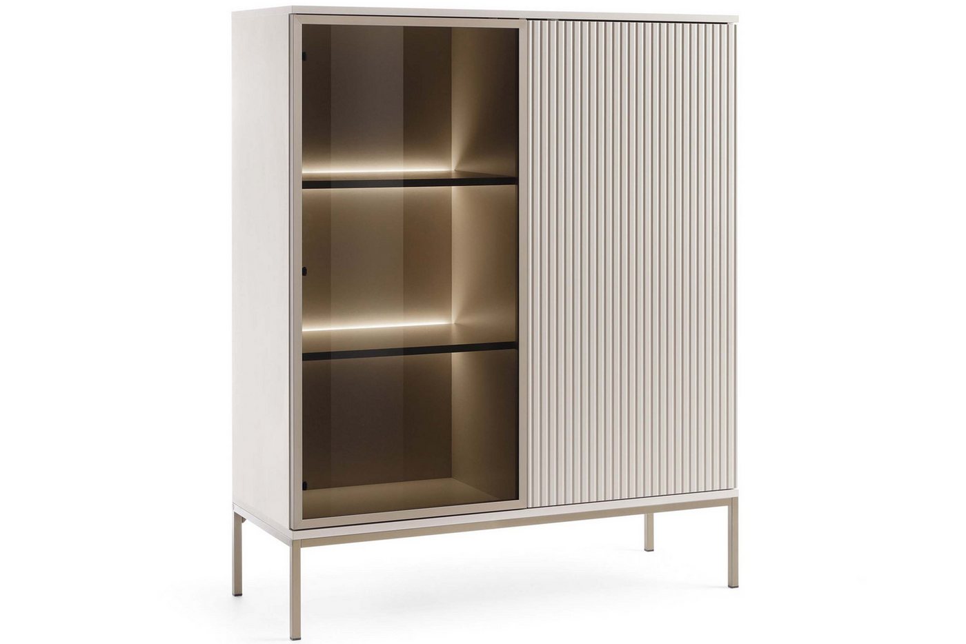 KONSIMO® Standvitrine FONTE Glasvitrine, Vitrinenschrank, hergestellt in der EU (Breite 104 cm, getönte Glastüren) Metallgestell 20 cm, geriffelte Fronten, mit LED-Beleuchtung von KONSIMO®