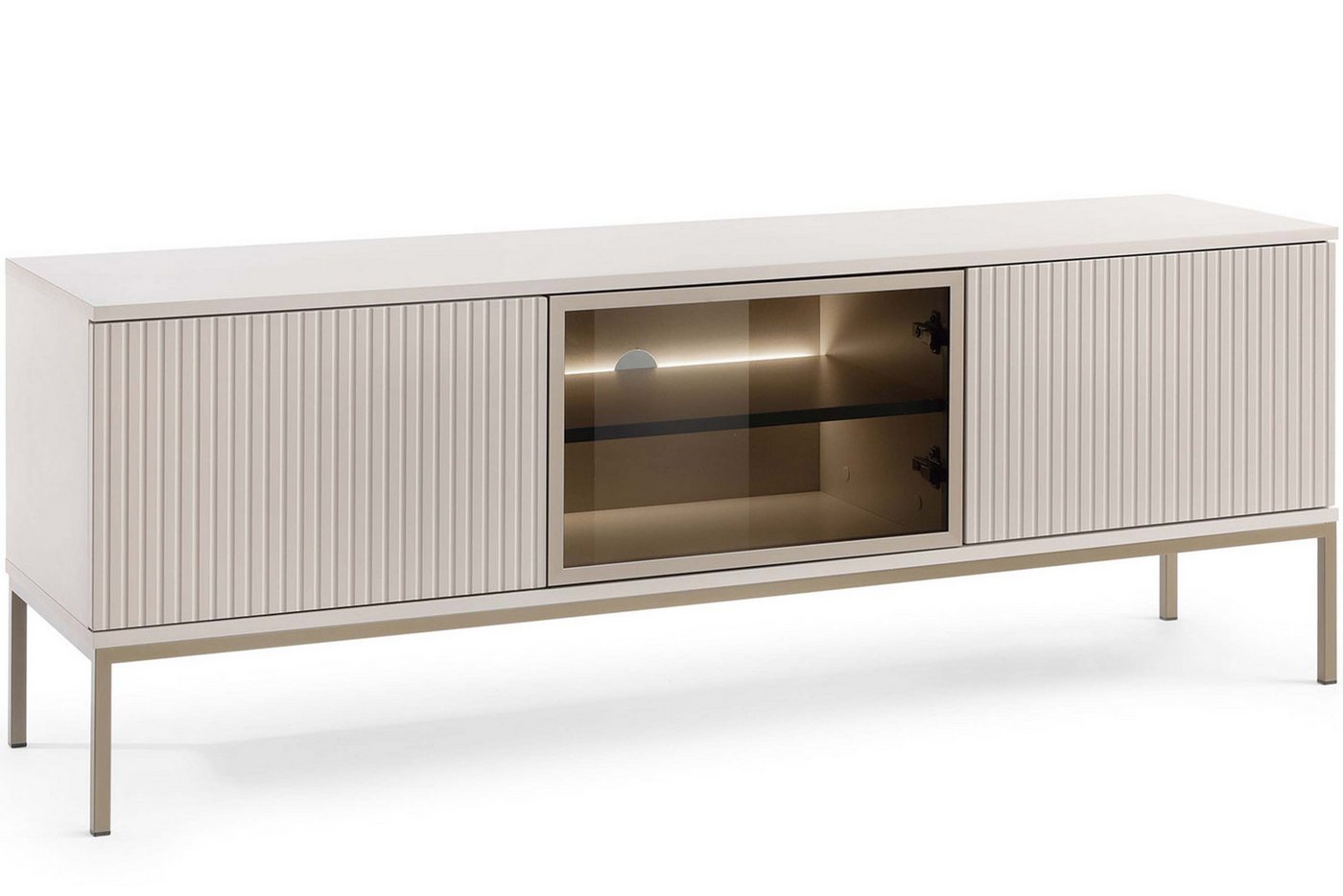 KONSIMO® TV-Schrank FONTE Lowboard, TV-Board, Fernsehtisch, hergestellt in der EU (Breite 154 cm, getönte Glastüren) geriffelte Fronten, mit LED-Beleuchtung, Push-to-Open von KONSIMO®