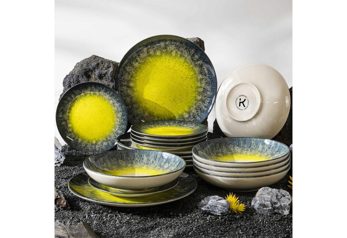 KONSIMO® Tafelservice LORENT Geschirr-Set, hergestellt in der EU, (18-tlg), 6 Personen, Porzellan, spülmaschinengeeignet, mikrowellengeeignet, Rundform, Hartporzellan von KONSIMO®