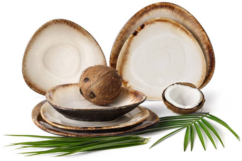 KONSIMO® Tafelservice PRIMA Geschirr-Set für zwei Personen, Premiumqualität aus EU (6-tlg), 2 Personen, Keramik, Jedes Teil ein Unikat, organisch Form, beige/braun von KONSIMO®