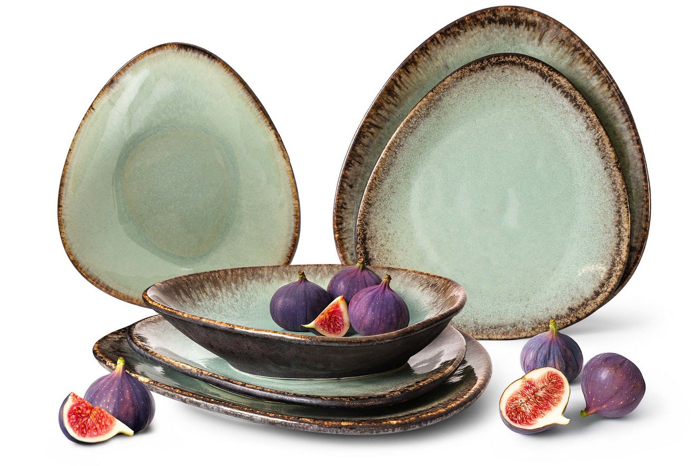 KONSIMO® Tafelservice PRIMA Geschirr-Set für zwei Personen, Premiumqualität aus EU (6-tlg), 2 Personen, Keramik, Jedes Teil ein Unikat, organisch Form, salbeifarben von KONSIMO®