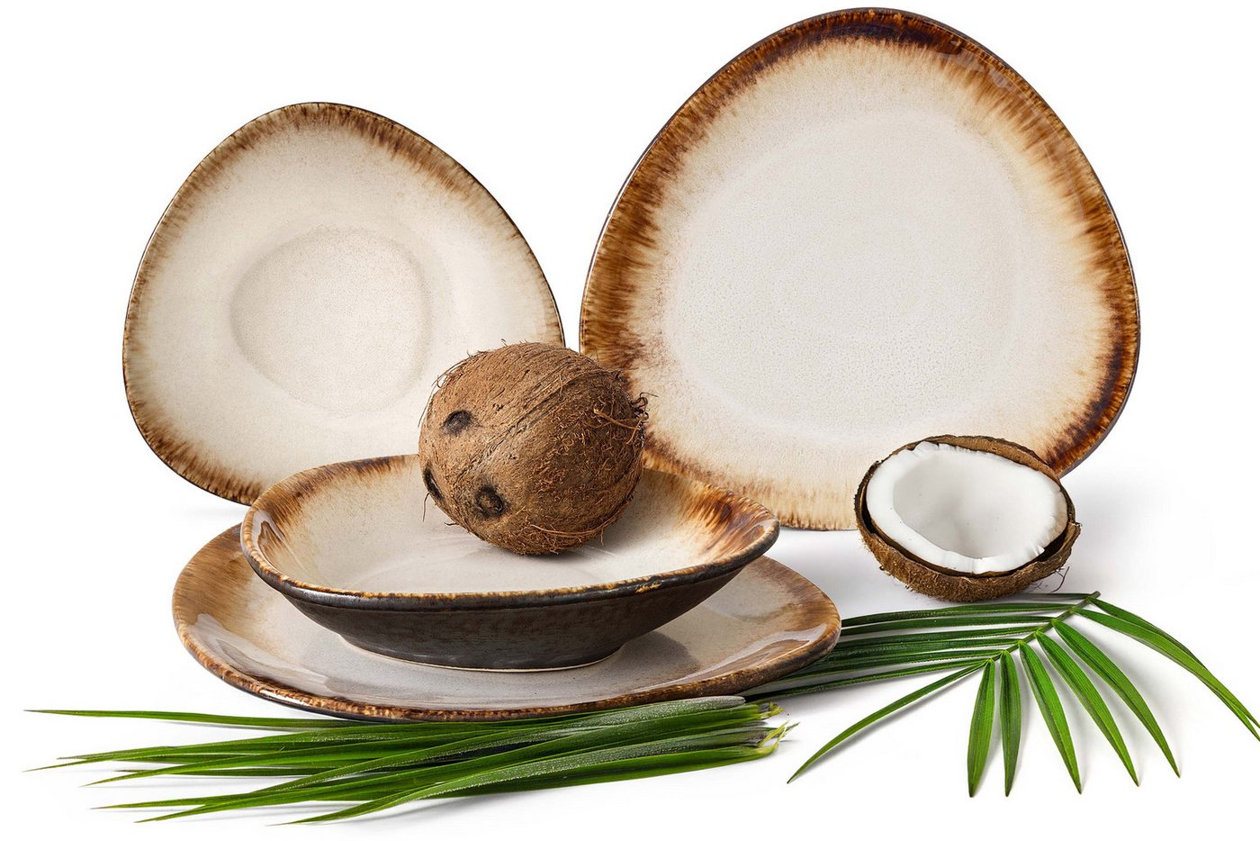 KONSIMO® Tafelservice PRIMA kleines Geschirr-Set für zwei Personen, luxuriöse Steinzeug (4-tlg), 2 Personen, Keramik, Premiumqualität aus EU, 2x Speiseteller, 2x Suppenteller, beige/braun von KONSIMO®