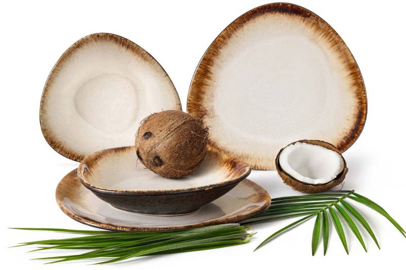 KONSIMO® Tafelservice PRIMA kleines Geschirr-Set für zwei Personen, luxuriöse Steinzeug (4-tlg), 2 Personen, Keramik, Premiumqualität aus EU, 2x Speiseteller, 2x Suppenteller, beige/braun von KONSIMO®