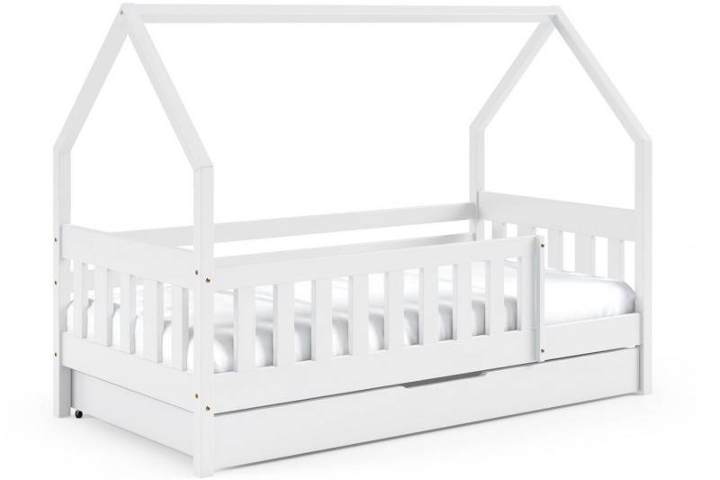 KONSIMO® Kinderbett Holzbett LUMBE Hausform, hergestellt in der EU (inklusive Matratze und Schublade auf Rollen), aus massivem Kiefernholz, mit Rausfallschutz von KONSIMO®