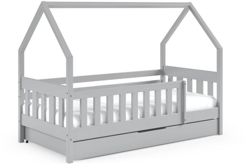 KONSIMO® Kinderbett Holzbett LUMBE Hausform, hergestellt in der EU (inklusive Matratze und Schublade auf Rollen), aus massivem Kiefernholz, mit Rausfallschutz von KONSIMO®